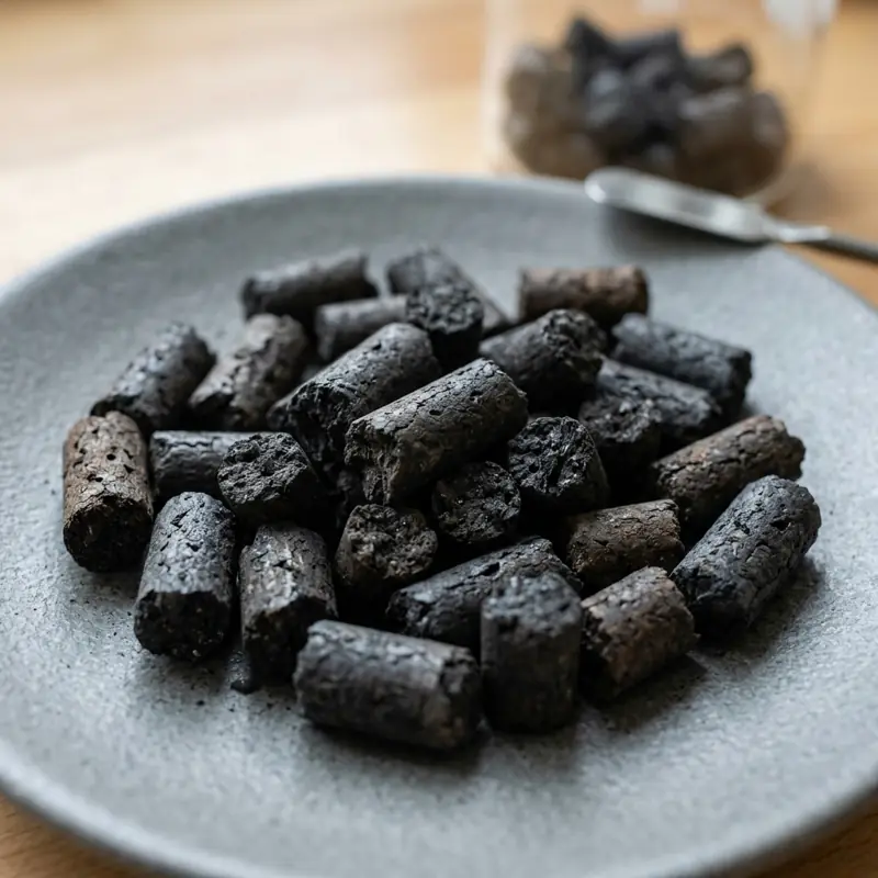 Pellets negros de biochar sobre un plato