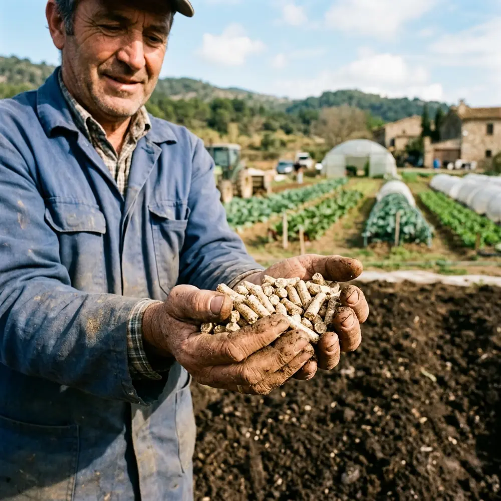 Manos de un agricultor sosteniendo pellets de sustrato sobre un campo de cultivo