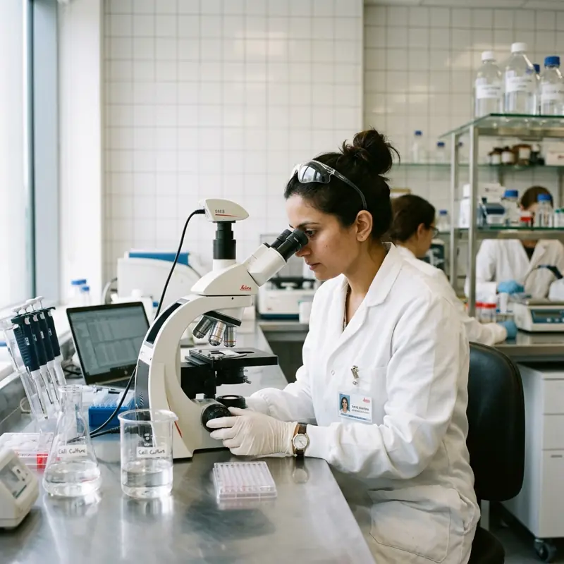 Investigadora observando una muestra al microscopio en un laboratorio